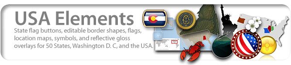 USA Elements, State flag buttons, editable border shapes, flags, State location maps, State Symbols, and reflective gloss overlays for 50 States, Washington D. C, and the USA.